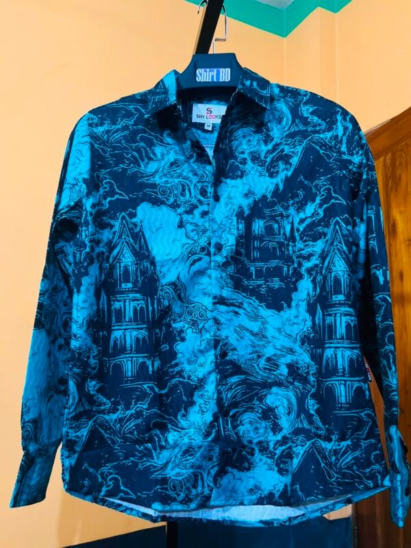 Men’s Electric Blue Gothic Castle Print Long Sleeve Shirt product2nd-photo