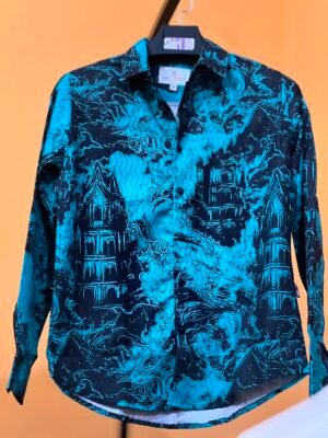 Men’s Electric Blue Gothic Castle Print Long Sleeve Shirt Men’s-Electric-Blue Gothic-Castle-Print Long-Sleeve-Shirt