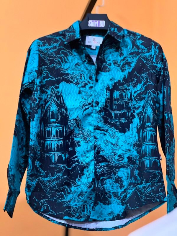 Men’s Electric Blue Gothic Castle Print Long Sleeve Shirt Men’s-Electric-Blue Gothic-Castle-Print Long-Sleeve-Shirt